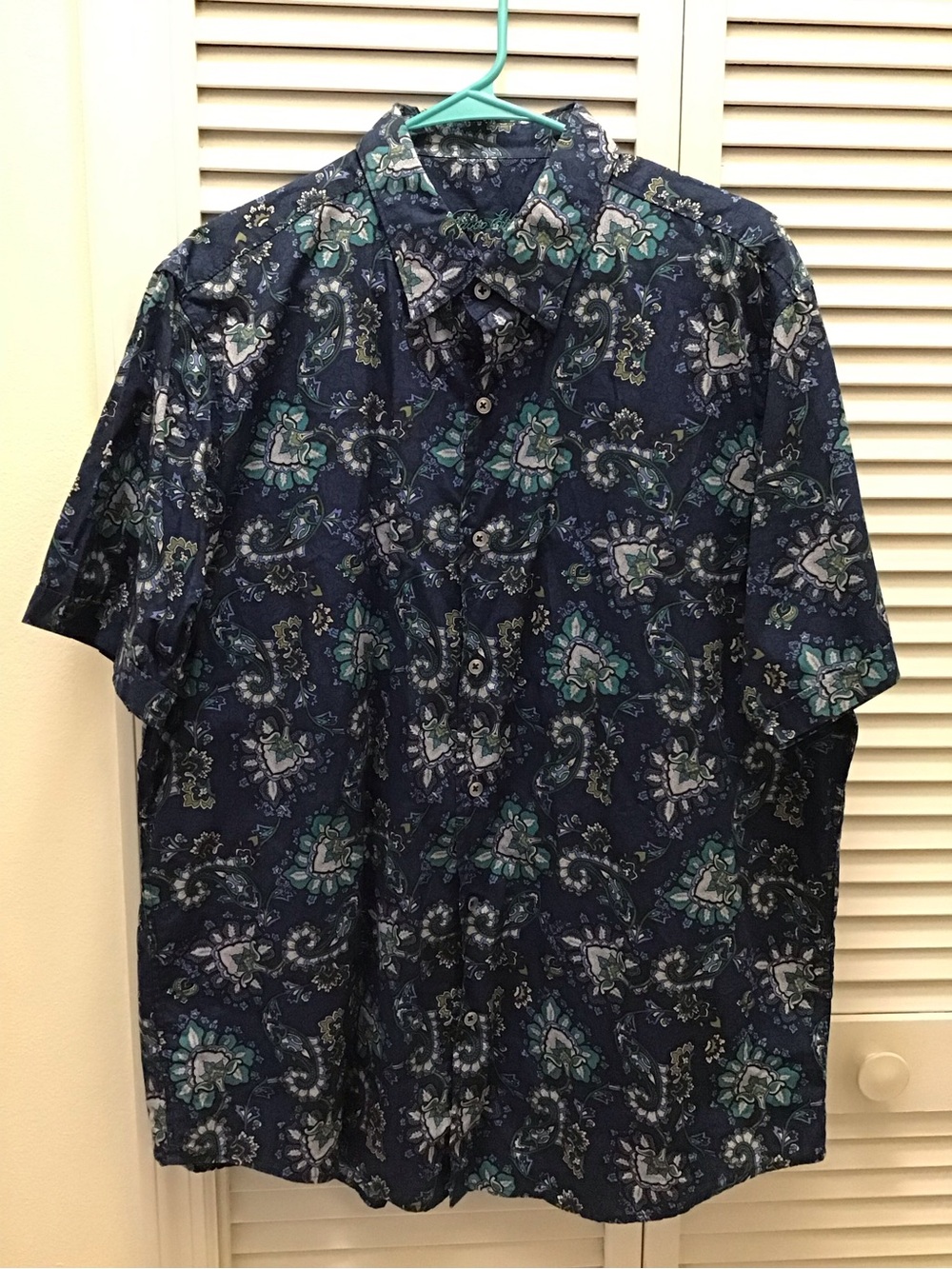 Tasso Elba Navy Short-Sleeve Button-Down with Teal Floral Print